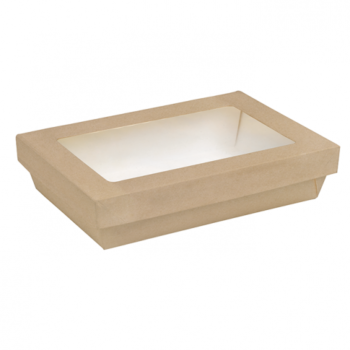 scatola kray rettangolare in cartone kraft con coperchio a finestra in pla 1500ml 225x155mm h50mm 350x350 - VASCHETTA ECO <br> CARTONCINO <br> <br> RICICLABILE/COMPOSTABILE <br> 1.500 CC. <br><br>N° 200 pz.